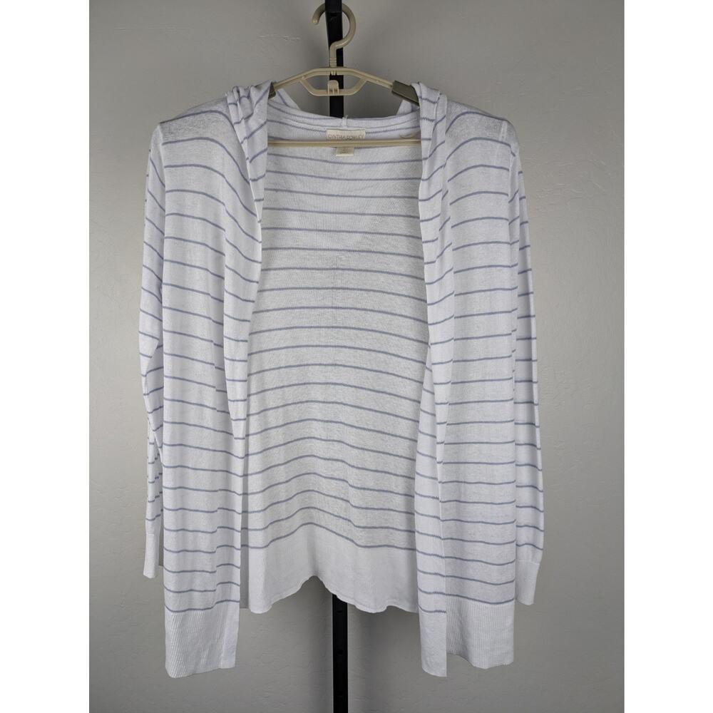 Cynthia Rowley Linen Blend Hooded Cardigan White Blue Gray Stripe